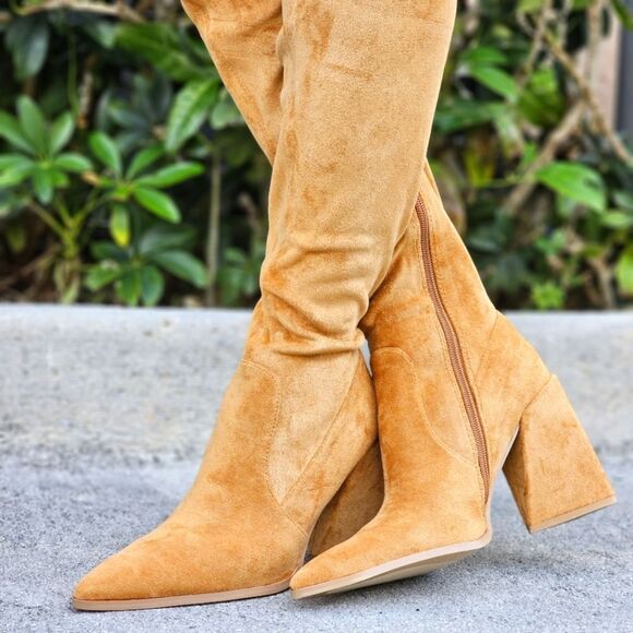 Women's Tan Over The Knee pointed Chunky Block Heel Boots - Picture 3 of 6